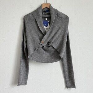 Trussardi Jeans Pure Wool Ribbed Cropped Cardigan Shawl Gray NWT Long Sleeve S